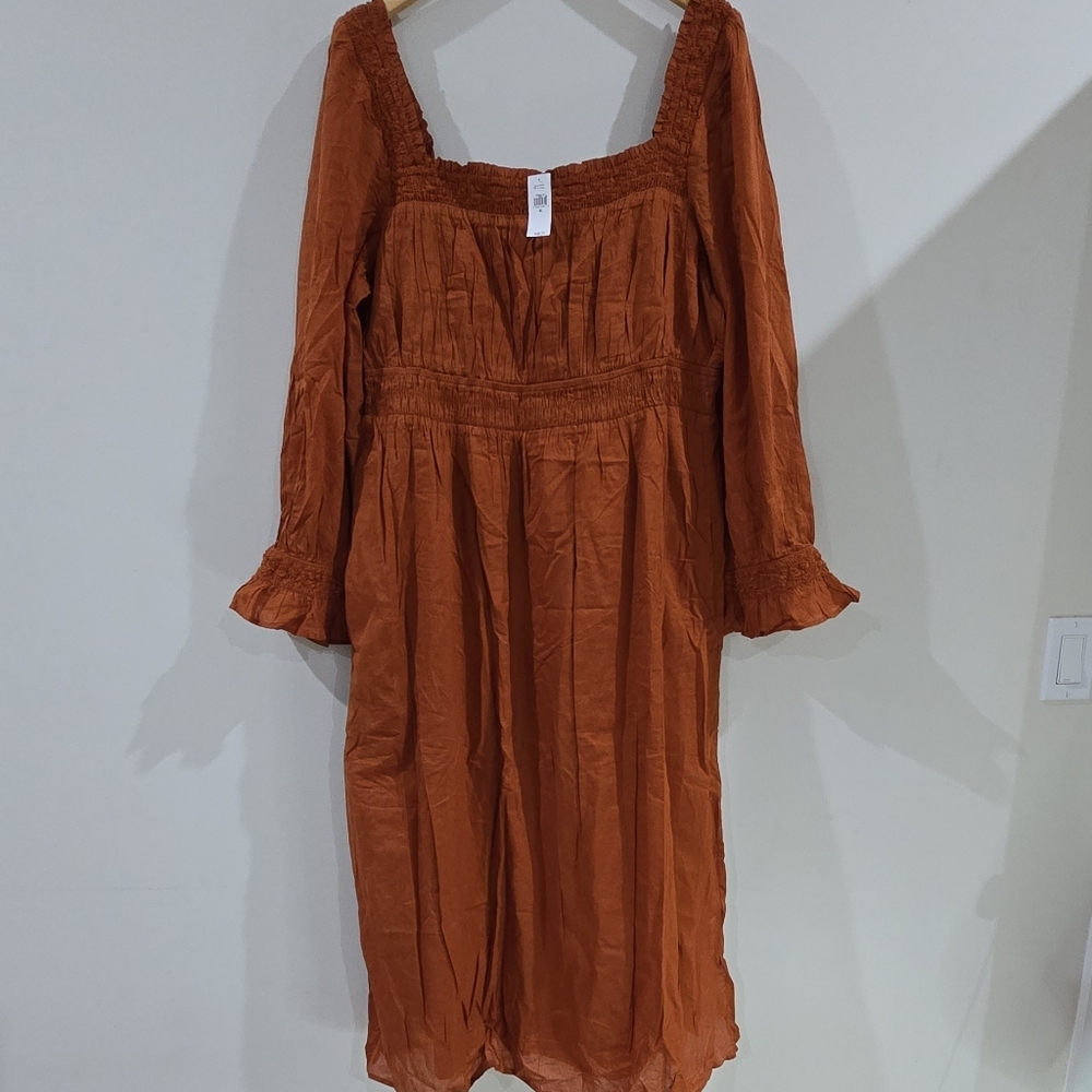 NwT GAP rust smocked square neck ruffle sleeve woven midi dress XL
